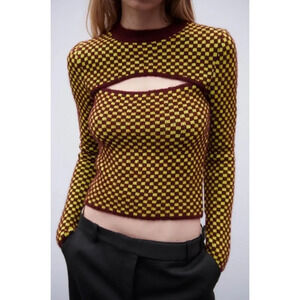Zara Yellow and Brown Checkered Sweater